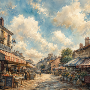 Vintage — Charming Market Street Lined With Striped Illustration Styles #0035 (Dreamina)