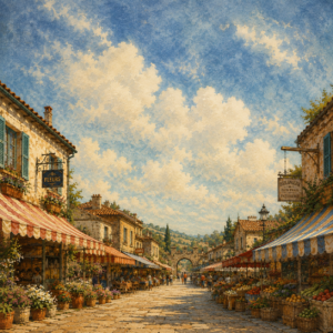 Retro — Charming Market Street Lined With Striped Illustration Styles #0035 (FLUX)