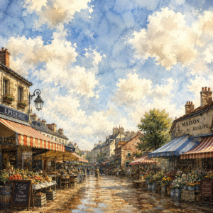 Watercolor — Charming Market Street Lined With Striped Illustration Styles #0035 (Midjourney)