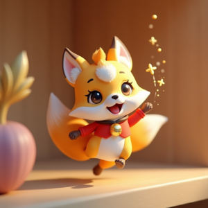 3D Toys — Chibi-style Fox Spirit With Fluffy Tri-colour Character #0073 (Recraft)