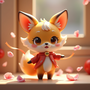 3D Toys — Chibi-style Fox Spirit With Fluffy Tri-colour Character #0103 (Stable Diffusion)