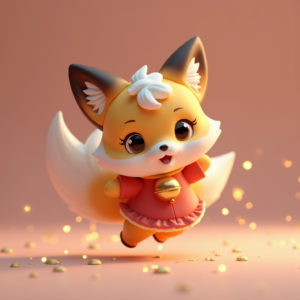 3D Toys — Chibi-style Fox Spirit With Fluffy Tri-colour Character #0109 (Recraft)
