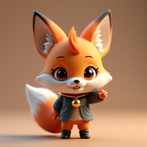 3D Toys — Chibi-style Fox Spirit With Fluffy Tri-colour Character #0157 (Recraft)