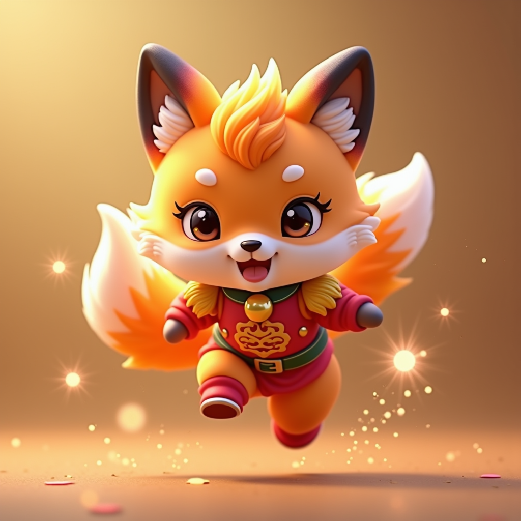3D Toys — Chibi-style Fox Spirit With Fluffy Tri-colour Character #0217 (Recraft)
