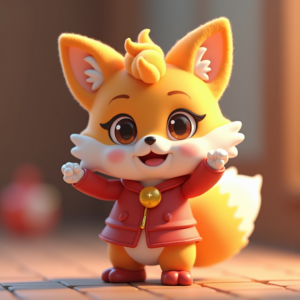 3D Toys — Chibi-style Fox Spirit With Fluffy Tri-colour Character #0242 (Ideogram)