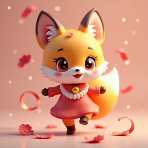3D Toys — Chibi-style Fox Spirit With Fluffy Tri-colour Character #0338 (Ideogram)