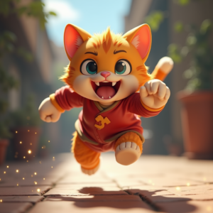 Anime — Mischievous Cartoon Cat Character Mid-pounce With Character #0005 (Leonardo)
