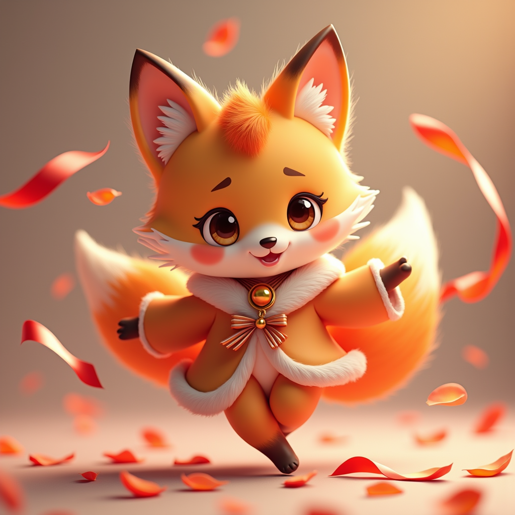 Cartoon Animals — Chibi-style Fox Spirit With Fluffy Tri-colour Character #0031 (FLUX)