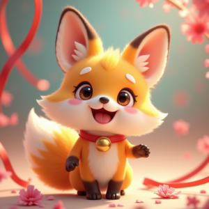 Cartoon Animals — Chibi-style Fox Spirit With Fluffy Tri-colour Character #0067 (FLUX)