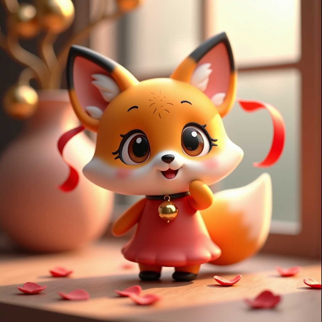 Cartoon Animals — Chibi-style Fox Spirit With Fluffy Tri-colour Character #0103 (FLUX)