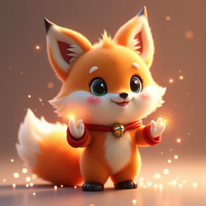 Cartoon Animals — Chibi-style Fox Spirit With Fluffy Tri-colour Character #0115 (FLUX)