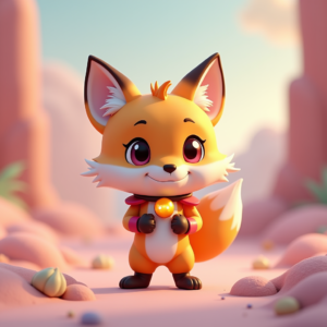 Cartoon Animals — Chibi-style Fox Spirit With Fluffy Tri-colour Character #0187 (FLUX)
