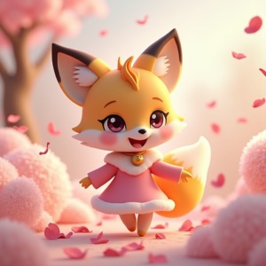 Cartoon Animals — Chibi-style Fox Spirit With Fluffy Tri-colour Character #0211 (FLUX)