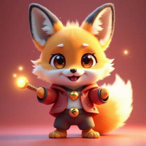 Cartoon Animals — Chibi-style Fox Spirit With Fluffy Tri-colour Character #0223 (FLUX)