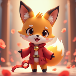 Cartoon Animals — Chibi-style Fox Spirit With Fluffy Tri-colour Character #0229 (Ideogram)