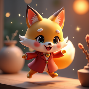 Cartoon Animals — Chibi-style Fox Spirit With Fluffy Tri-colour Character #0271 (FLUX)