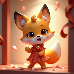 Cartoon Animals — Chibi-style Fox Spirit With Fluffy Tri-colour Character #0301 (Ideogram)