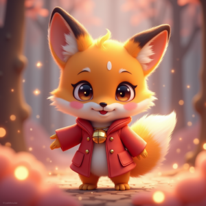Cartoon Animals — Chibi-style Fox Spirit With Fluffy Tri-colour Character #0313 (Ideogram)