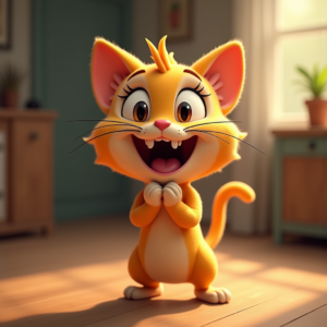 Cartoon Animals — Mischievous Cartoon Cat Character Mid-pounce With Character #0065 (Midjourney)