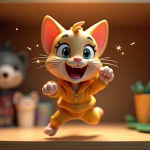 Cartoon Animals — Mischievous Cartoon Cat Character Mid-pounce With Character #0077 (Midjourney)