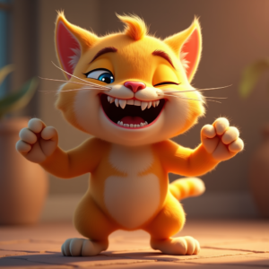 Cartoon Animals — Mischievous Cartoon Cat Character Mid-pounce With Character #0245 (Midjourney)