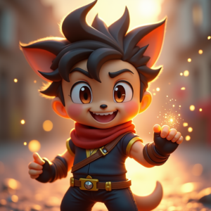 Cartoon Animals — Spiky-haired Anime Hero In A Battle-worn Character #0116 (Krea)
