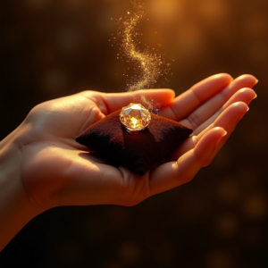 Cosmetics — Faceted Gemstone Ring Nestled In Dark Product Ads #0237 (Midjourney)
