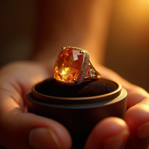 Cosmetics — Faceted Gemstone Ring Nestled In Dark Product Ads #0249 (Midjourney)