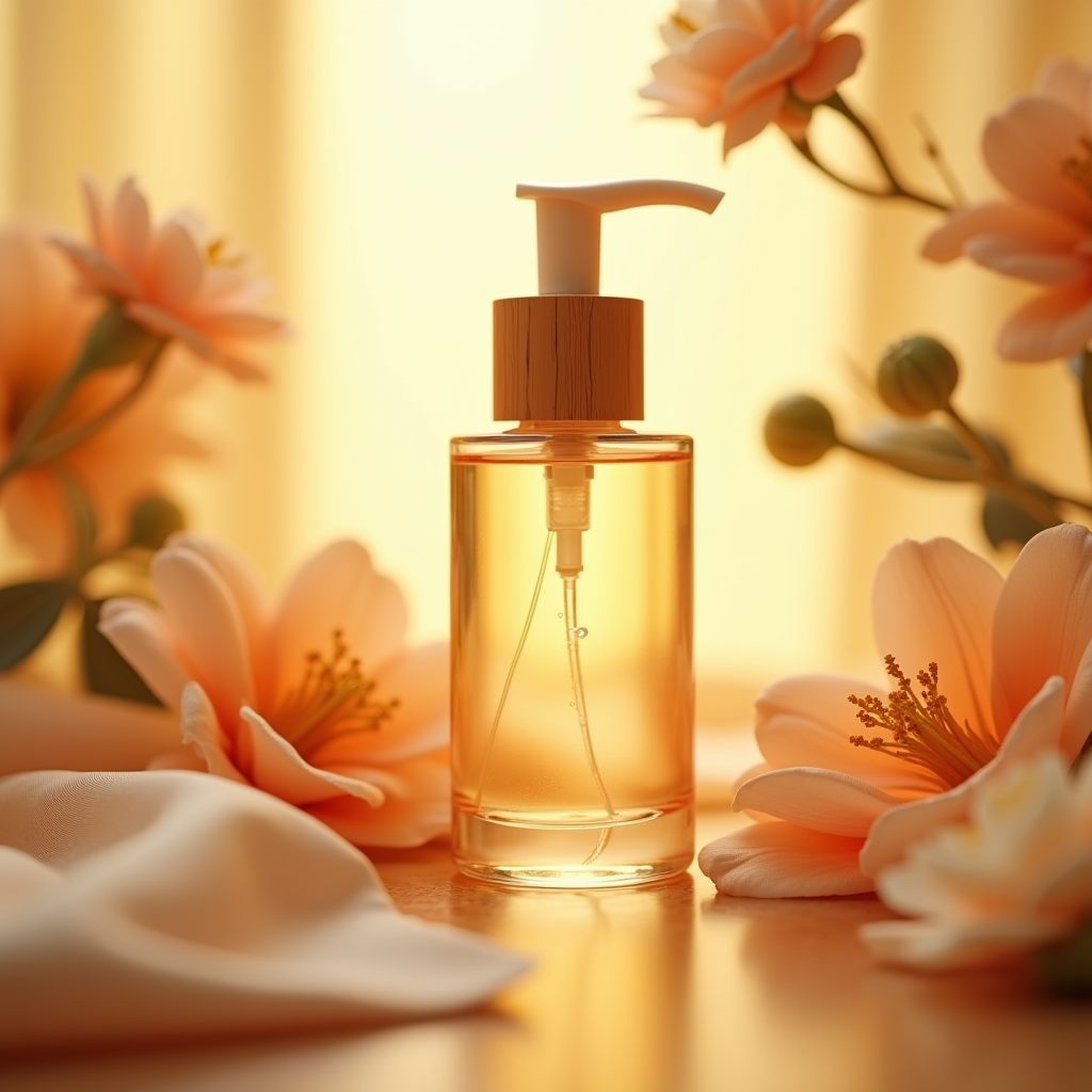 Cosmetics — Minimalist Skincare Bottle With A Bamboo Product Ads #0340 (Recraft)