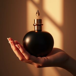 Cosmetics — Sleek Matte-black Perfume Bottle With A Product Ads #0007 (Seedream)