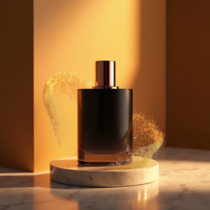 Cosmetics — Sleek Matte-black Perfume Bottle With A Product Ads #0305 (Ideogram)