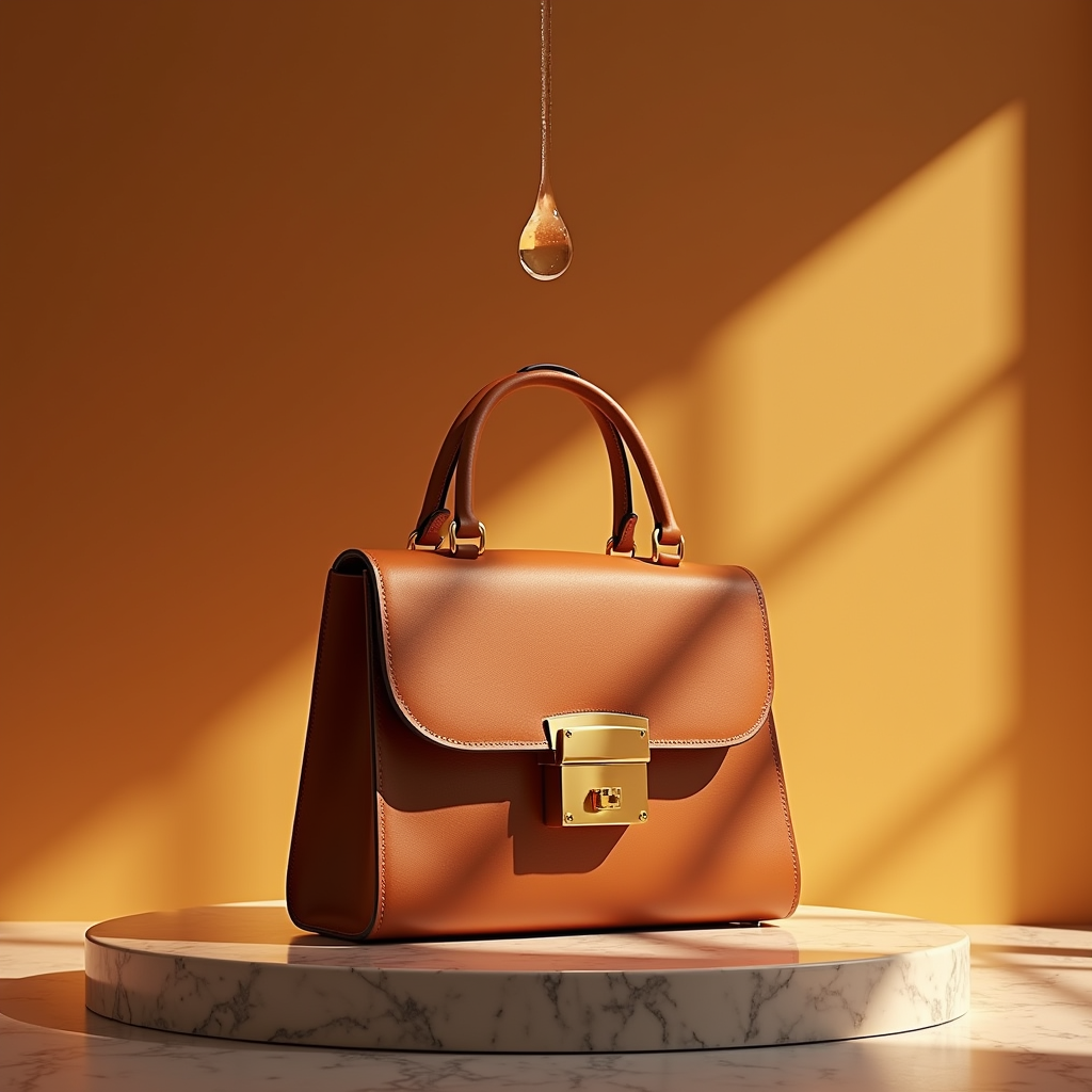 Cosmetics — Tailored Leather Handbag With Polished Gold Product Ads #0082 (Stable Diffusion)