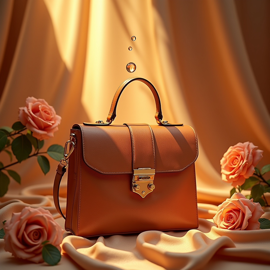Cosmetics — Tailored Leather Handbag With Polished Gold Product Ads #0118 (Stable Diffusion)