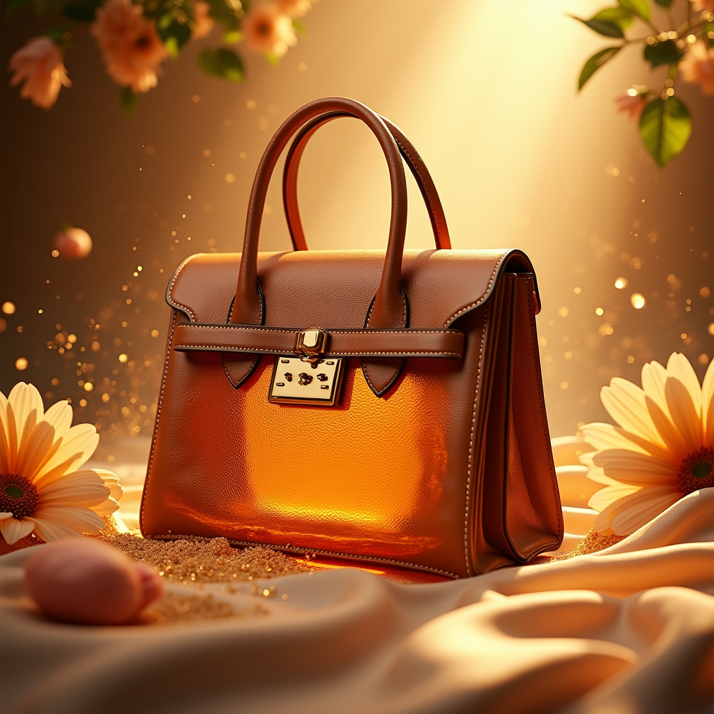 Cosmetics — Tailored Leather Handbag With Polished Gold Product Ads #0130 (Stable Diffusion)