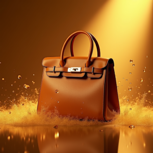 Cosmetics — Tailored Leather Handbag With Polished Gold Product Ads #0202 (Stable Diffusion)