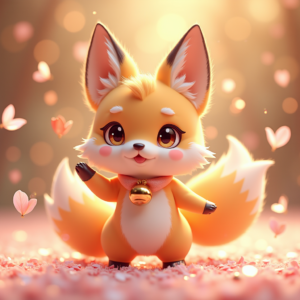 Cute Characters — Chibi-style Fox Spirit With Fluffy Tri-colour Character #0139 (Midjourney)