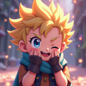 Cute Characters — Spiky-haired Anime Hero In A Battle-worn Character #0334 (Krea)
