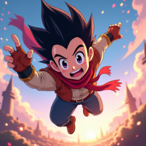 Cute Characters — Spiky-haired Anime Hero In A Battle-worn Character #0346 (Krea)