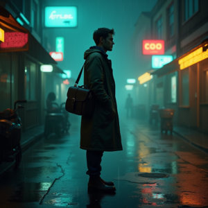 Cyberpunk — Lone Traveler In A Weathered Long Cinematic #0019 (Recraft)