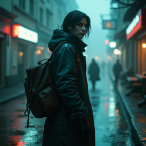 Cyberpunk — Lone Traveler In A Weathered Long Cinematic #0151 (Recraft)
