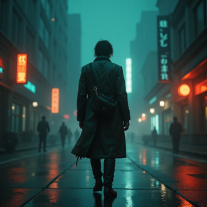Cyberpunk — Lone Traveler In A Weathered Long Cinematic #0163 (Recraft)