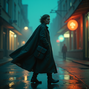 Cyberpunk — Lone Traveler In A Weathered Long Cinematic #0175 (Recraft)