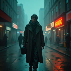 Cyberpunk — Lone Traveler In A Weathered Long Cinematic #0199 (Recraft)