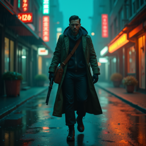 Cyberpunk — Lone Traveler In A Weathered Long Cinematic #0223 (Recraft)