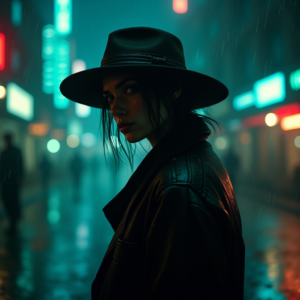 Cyberpunk — Mysterious Figure Beneath A Wide-brimmed Hat Cinematic #0003 (Krea)