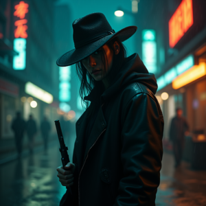 Cyberpunk — Mysterious Figure Beneath A Wide-brimmed Hat Cinematic #0009 (Leonardo)