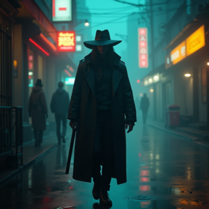Cyberpunk — Mysterious Figure Beneath A Wide-brimmed Hat Cinematic #0015 (Krea)