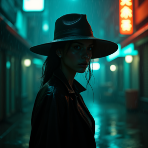Cyberpunk — Mysterious Figure Beneath A Wide-brimmed Hat Cinematic #0021 (Leonardo)
