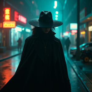 Cyberpunk — Mysterious Figure Beneath A Wide-brimmed Hat Cinematic #0033 (Leonardo)