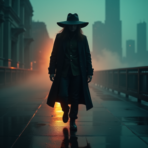 Cyberpunk — Mysterious Figure Beneath A Wide-brimmed Hat Cinematic #0051 (Krea)